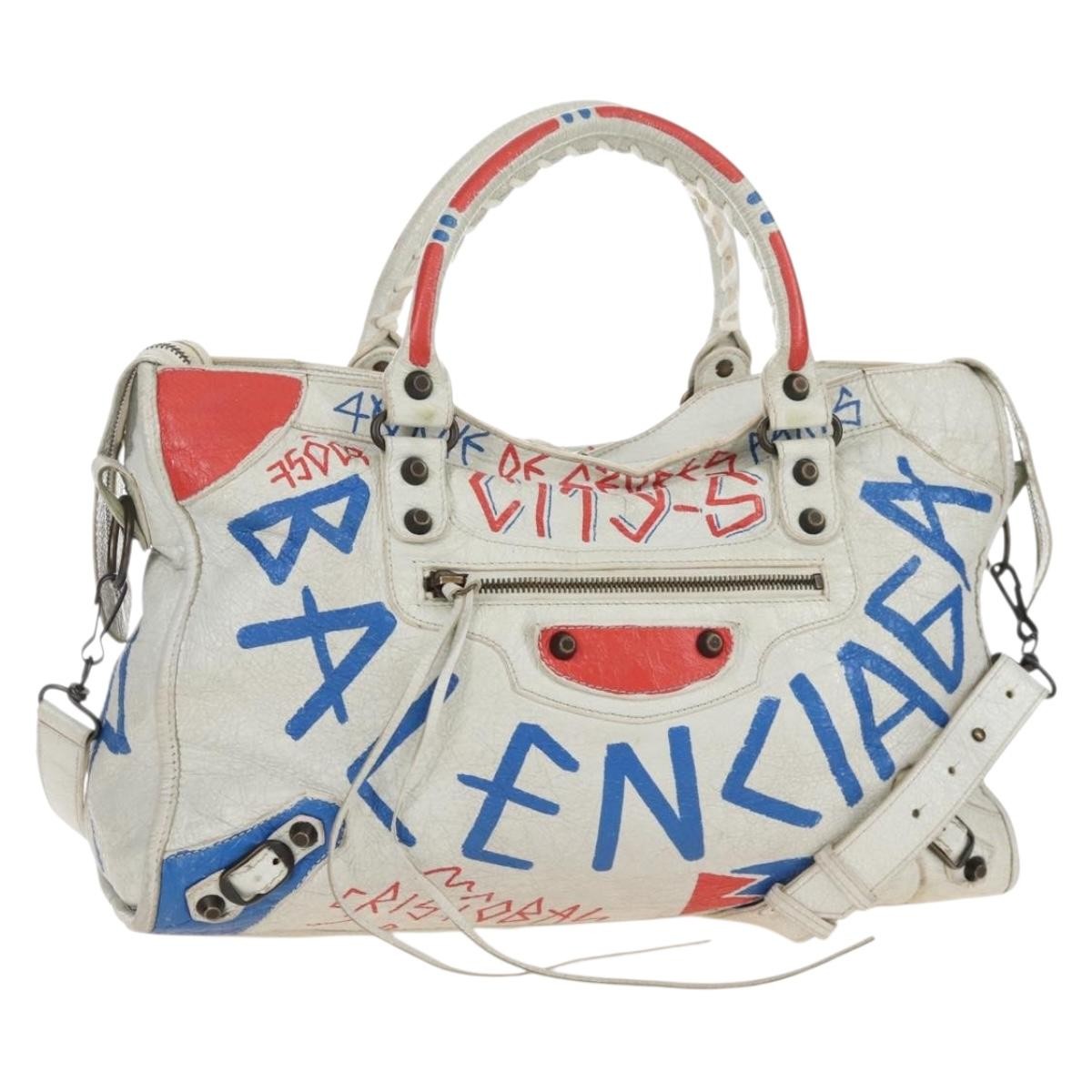 Balenciaga City Graffiti Classic Studs Leather White Leather Handbag (Pre-Owned)