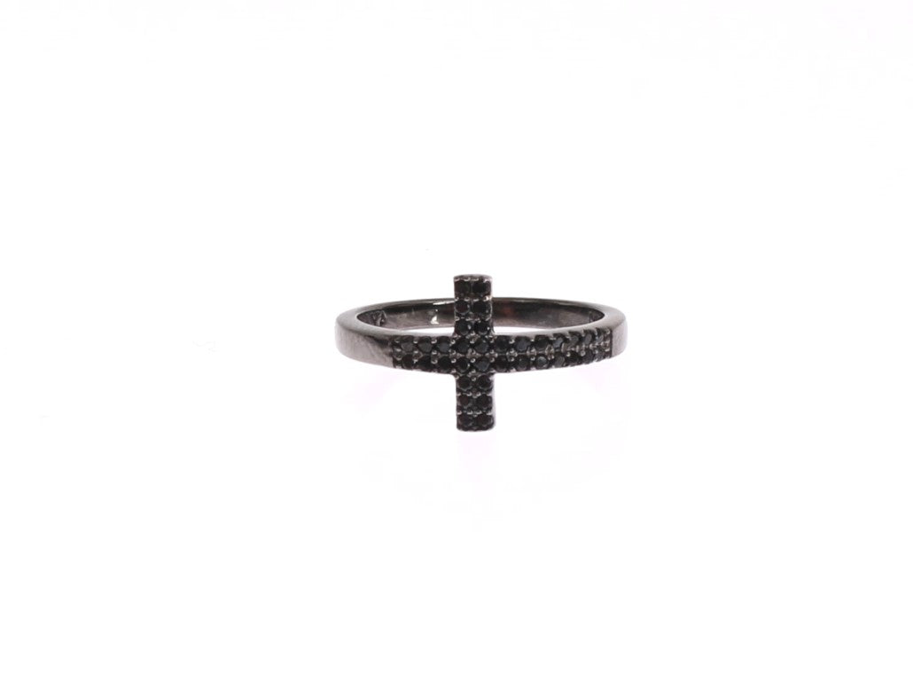 Nialaya Black CZ Cross Rhodium 925 Women's Ring