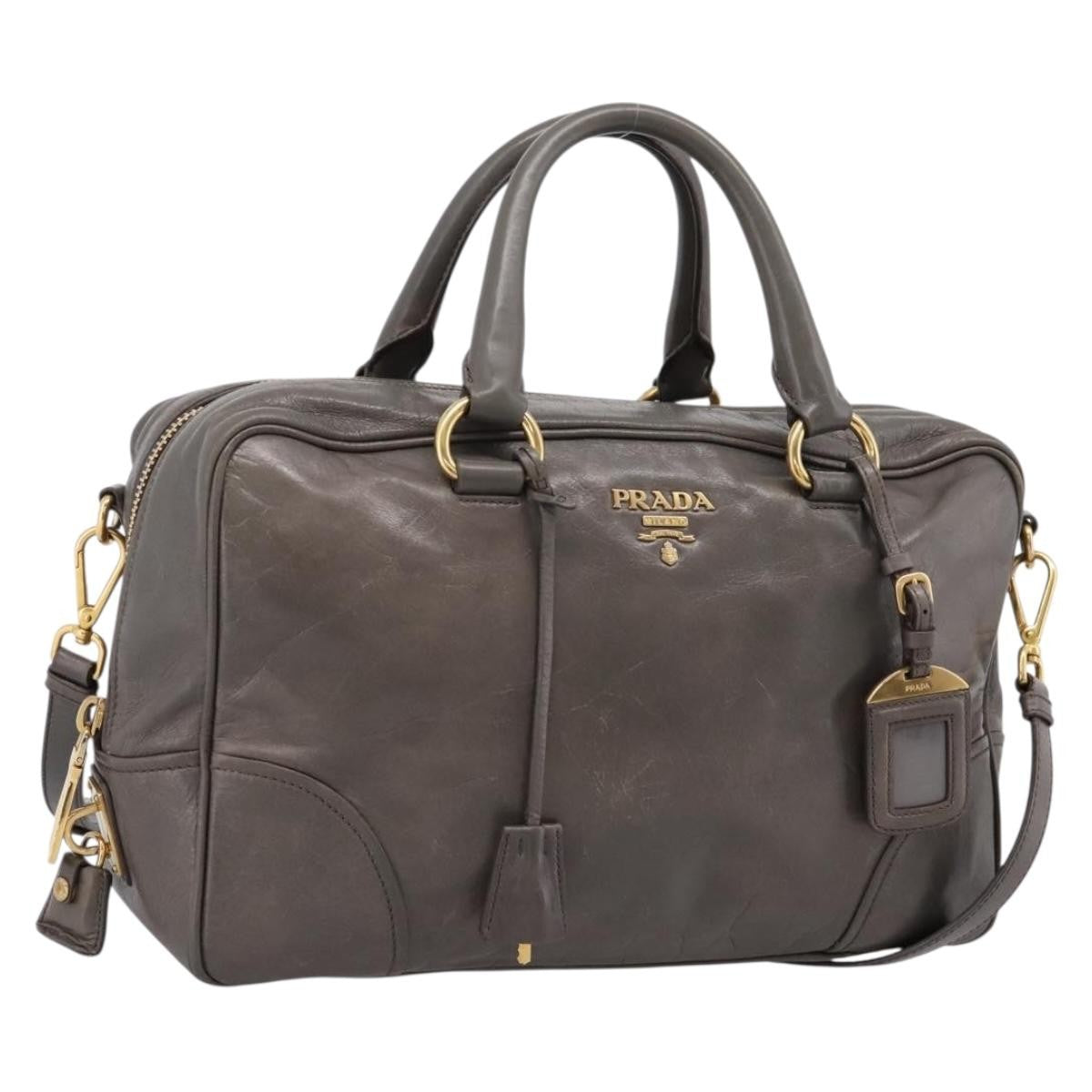 Prada Convertible Bauletto Vitello Shine Gray Leather Handbag (Pre-Owned)