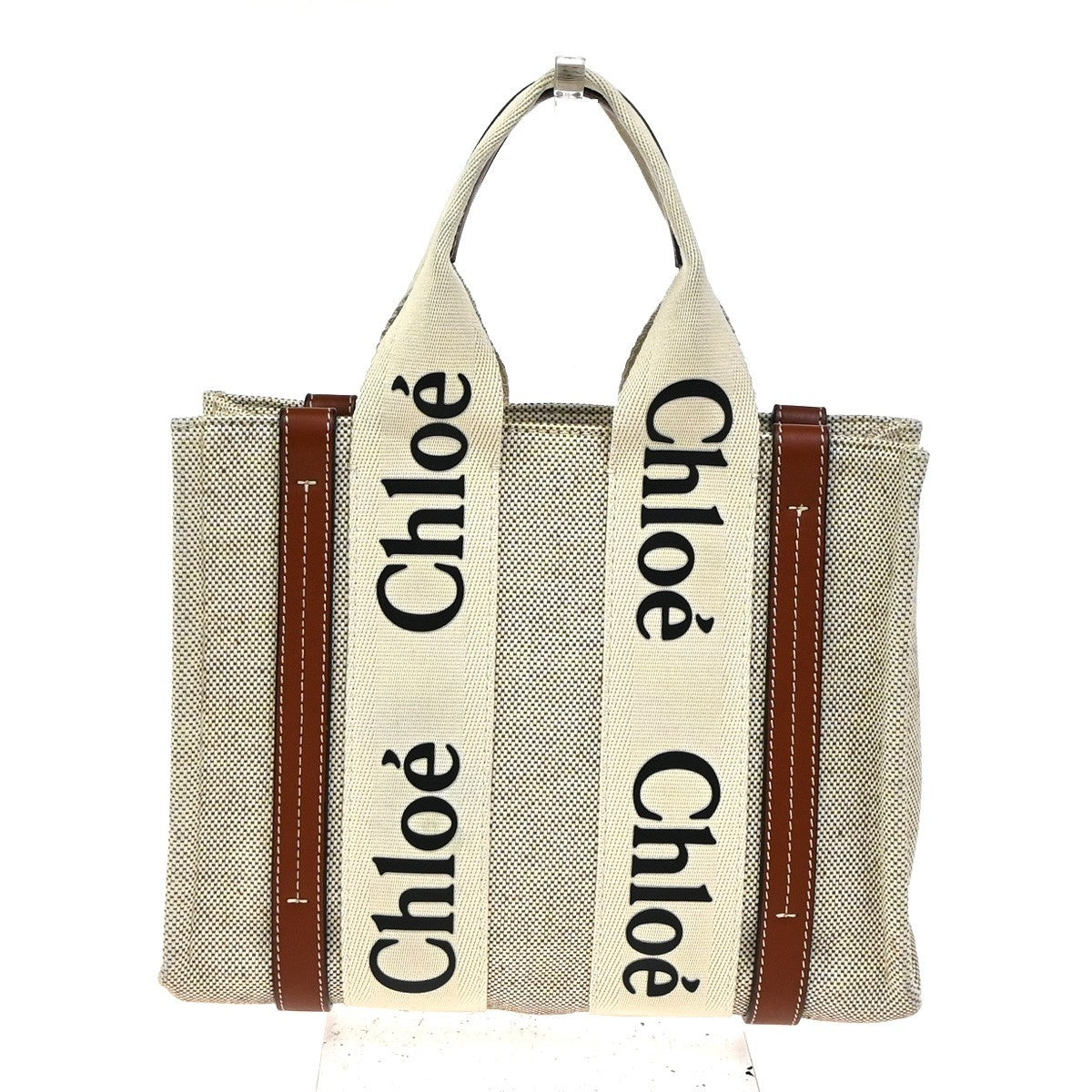 Chloe Woody Canvas With Leather Beige Canvas Tote Bag Bag (Pre-Owned)