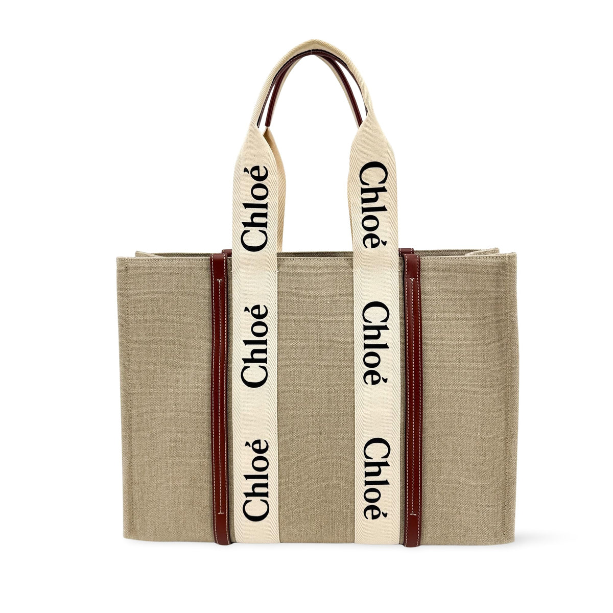 Chloe Woody Canvas With Leather Brown Canvas Tote Bag Bag (Pre-Owned)