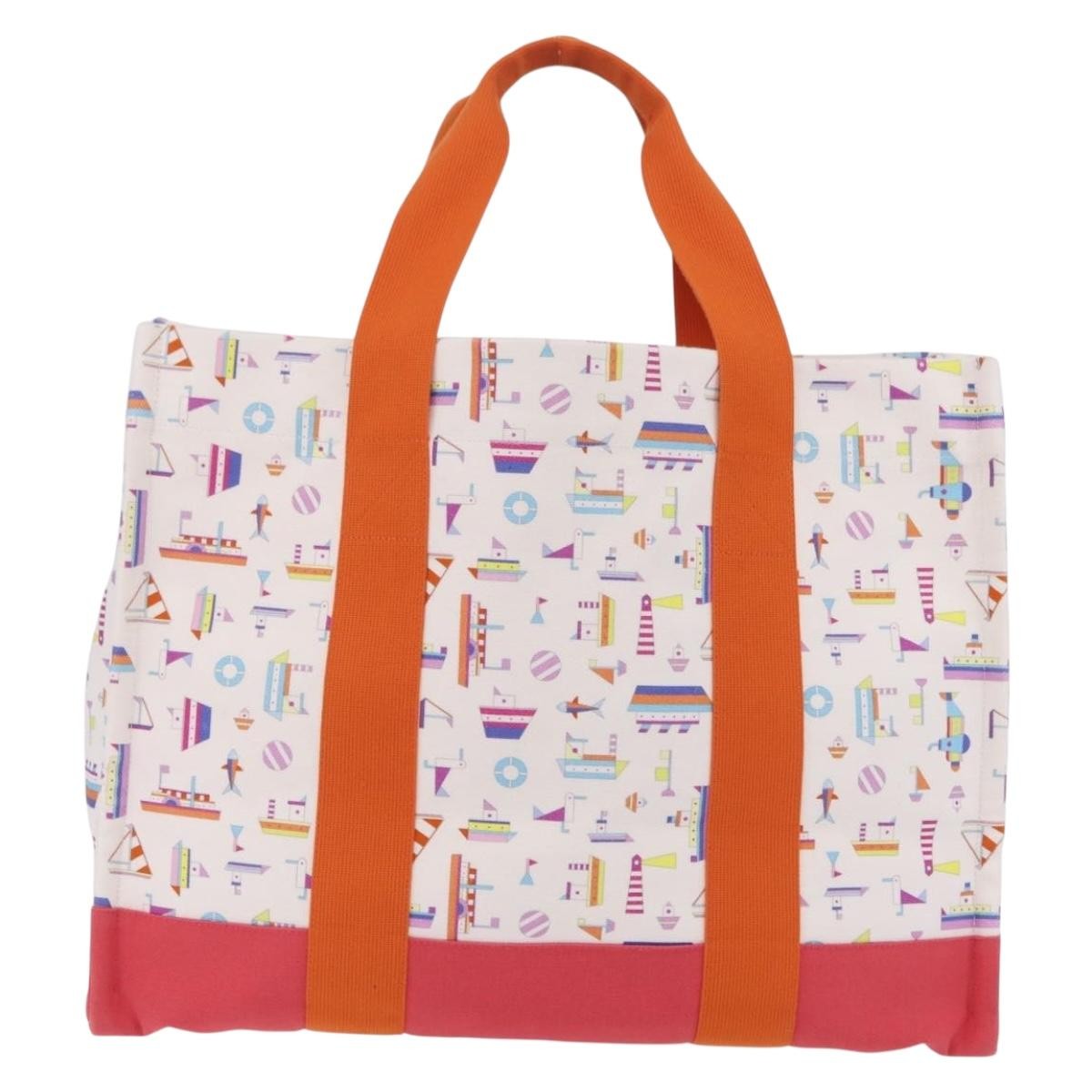 Hermes Beach Printed Toile White Canvas Tote Bag Bag (Pre-Owned)