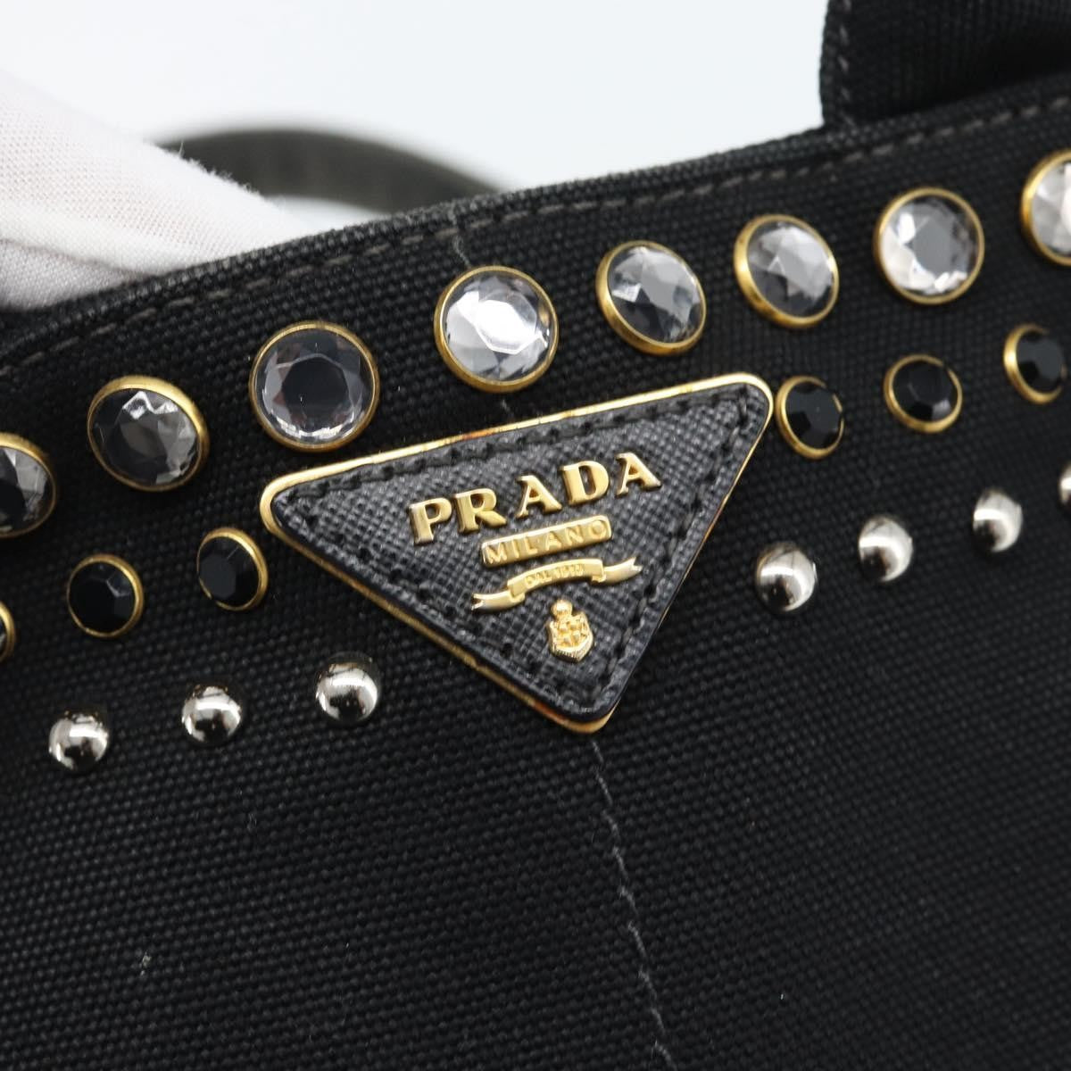 Prada Canapa Convertible Tote Rhinestone Embellished Canvas Black Canvas Handbag (Pre-Owned)