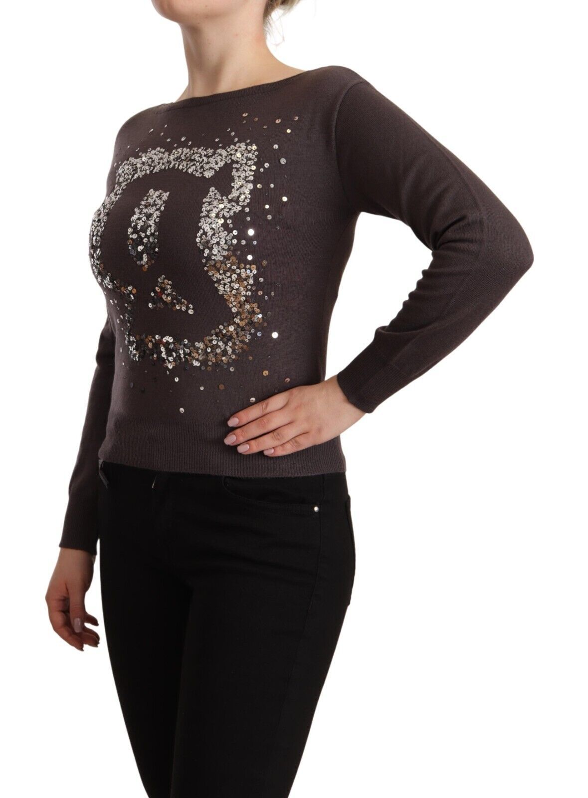 John Galliano Brown Wool Sequined Long Sleeves Pullover Women's Sweater