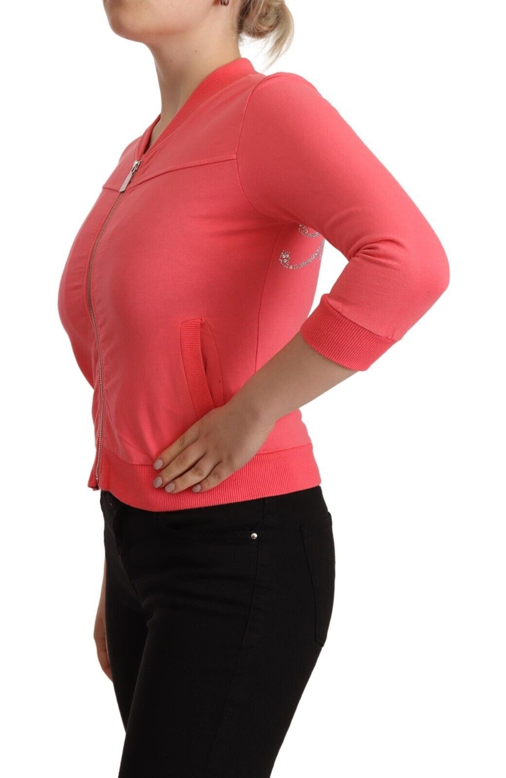 Blumarine Pink 3/4 Sleeve Zip Embellished Women's Sweater
