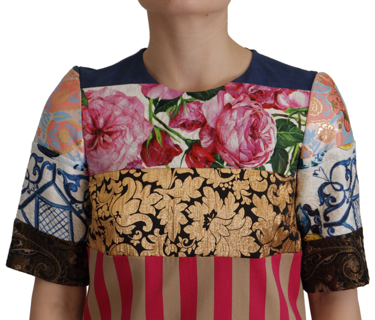 Dolce & Gabbana Multicolor Pachwork Floral Sheath Jaquard Mini Gown Women's Dress