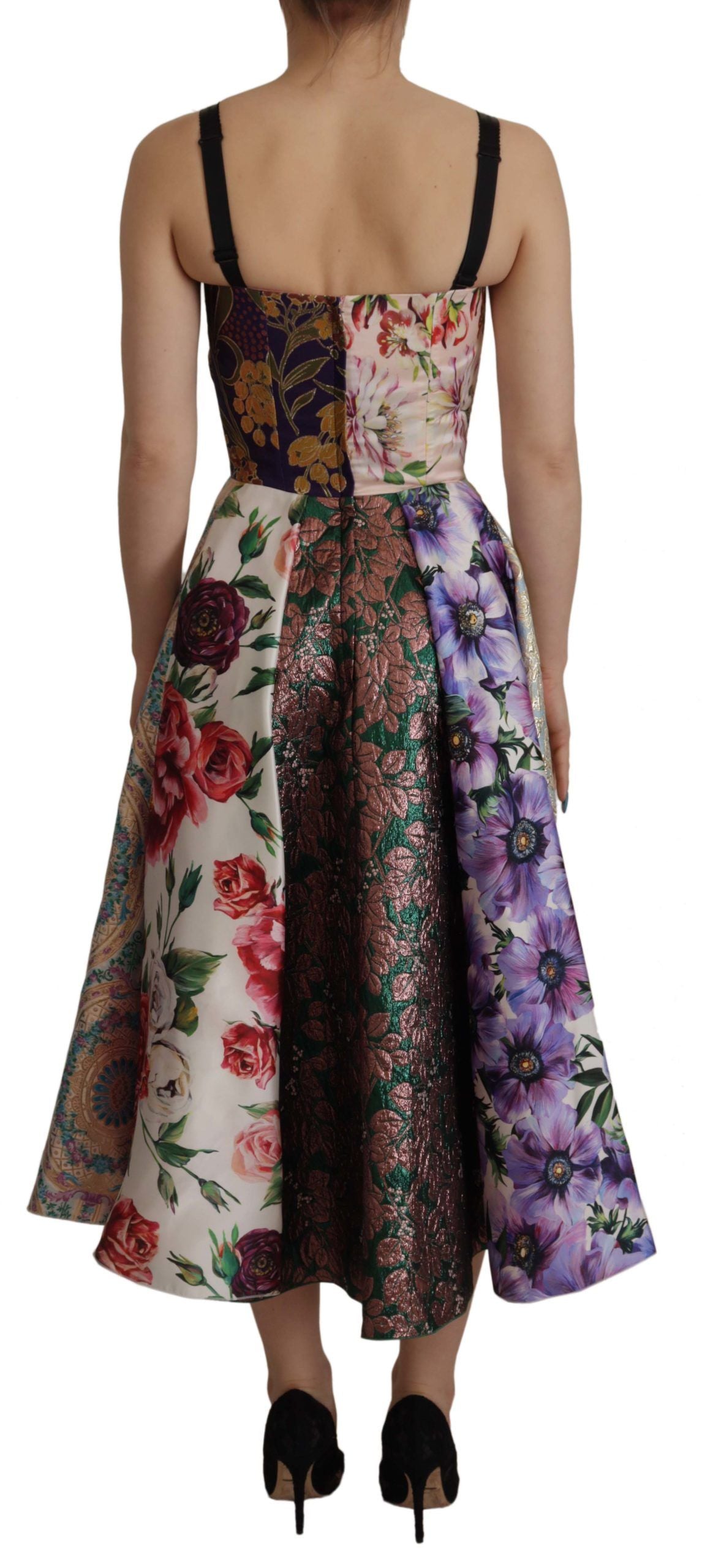 Dolce & Gabbana Dress Midi Patchwork Floral Jaquard Women's Silk