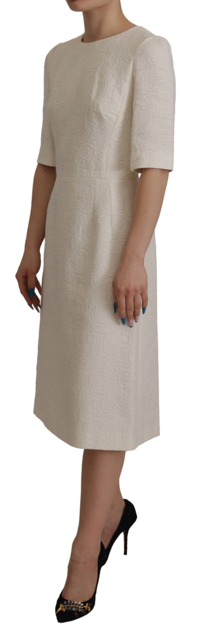 Dolce & Gabbana White Jaquard Midi Floral Sheath Brocade Women's Dress