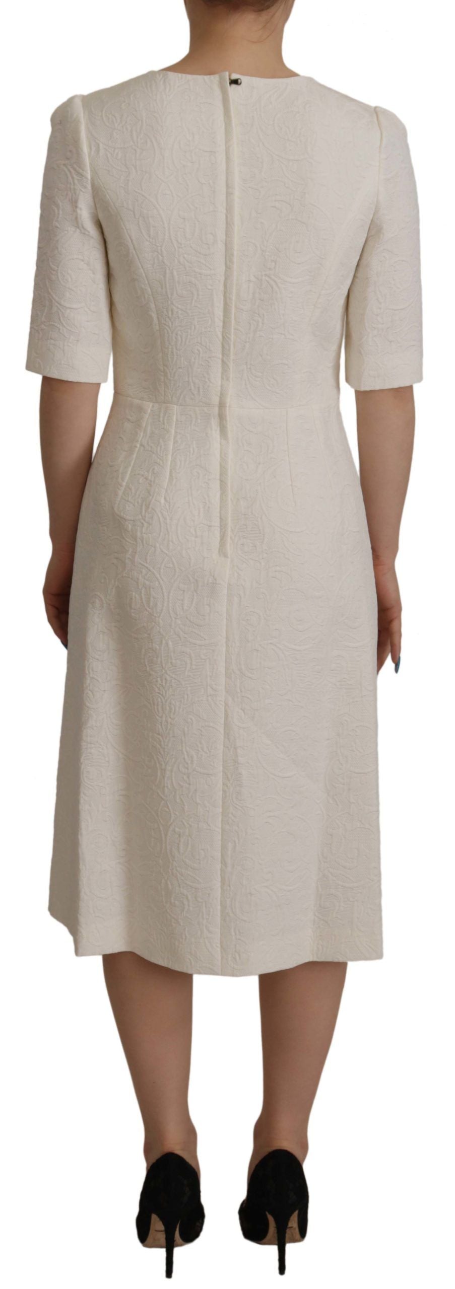 Dolce & Gabbana White Jaquard Midi Floral Sheath Brocade Women's Dress