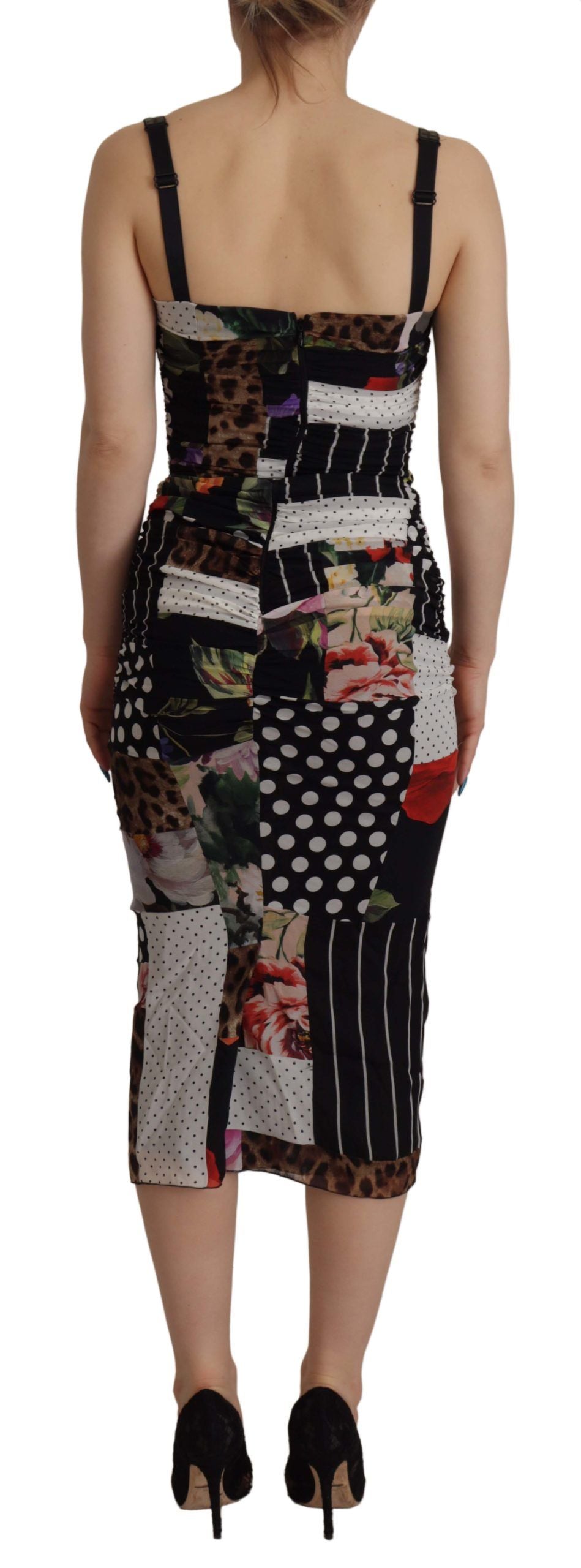 Dolce & Gabbana Multicolor Pachwork Midi Floral Silk Leopard Bodycon Women's Dress