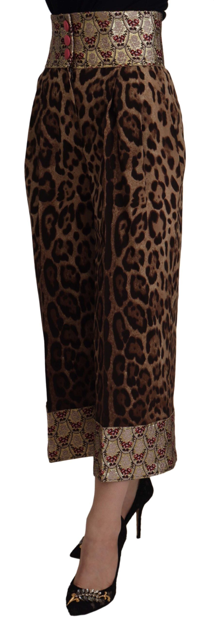 Dolce & Gabbana Brown Leopard Gold Jacquard High Waist Women's Pants