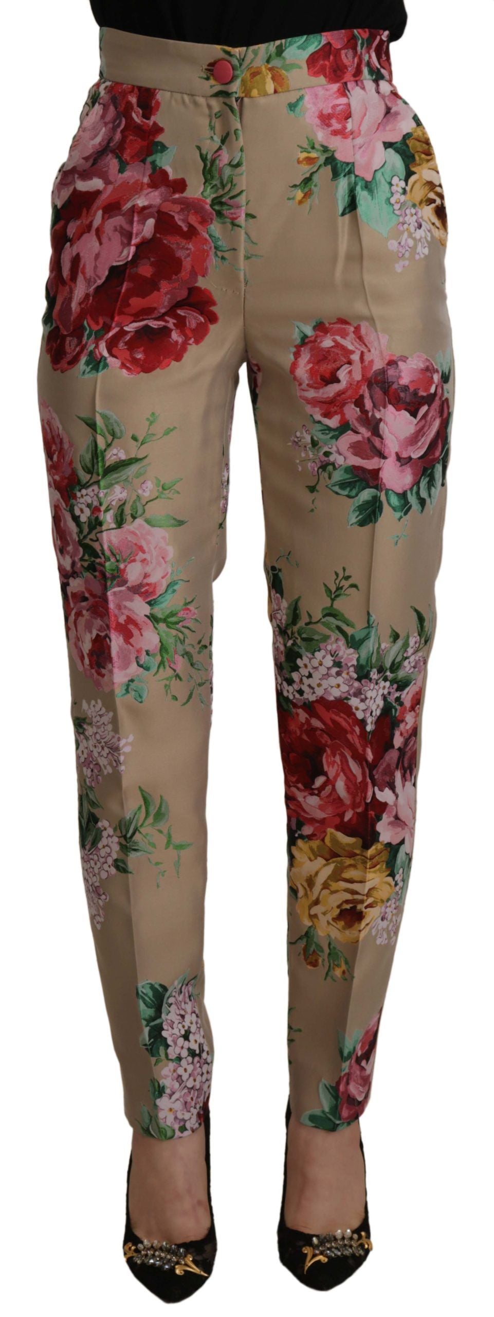 Dolce & Gabbana Beige Floral Dress Formal High Waist Women's Pants