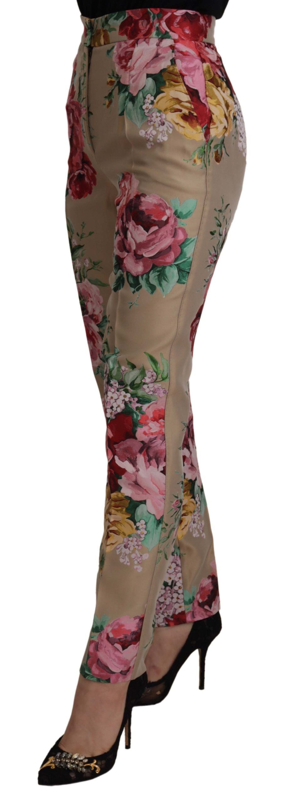 Dolce & Gabbana Beige Floral Dress Formal High Waist Women's Pants