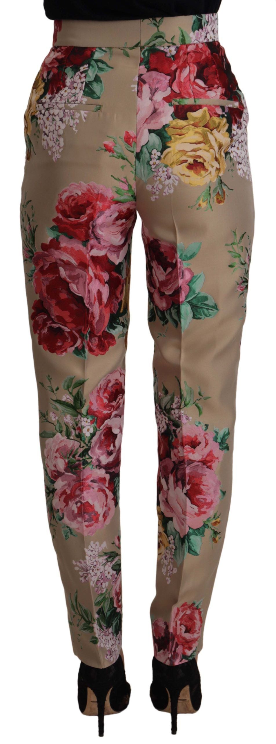 Dolce & Gabbana Beige Floral Dress Formal High Waist Women's Pants