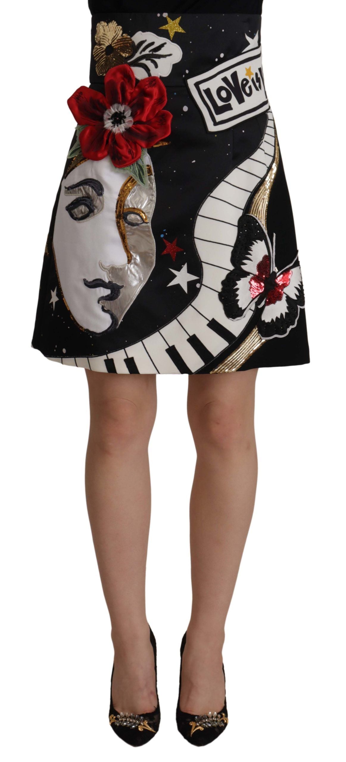 Dolce & Gabbana Black Love Clock Sequined Piano Women's Skirt