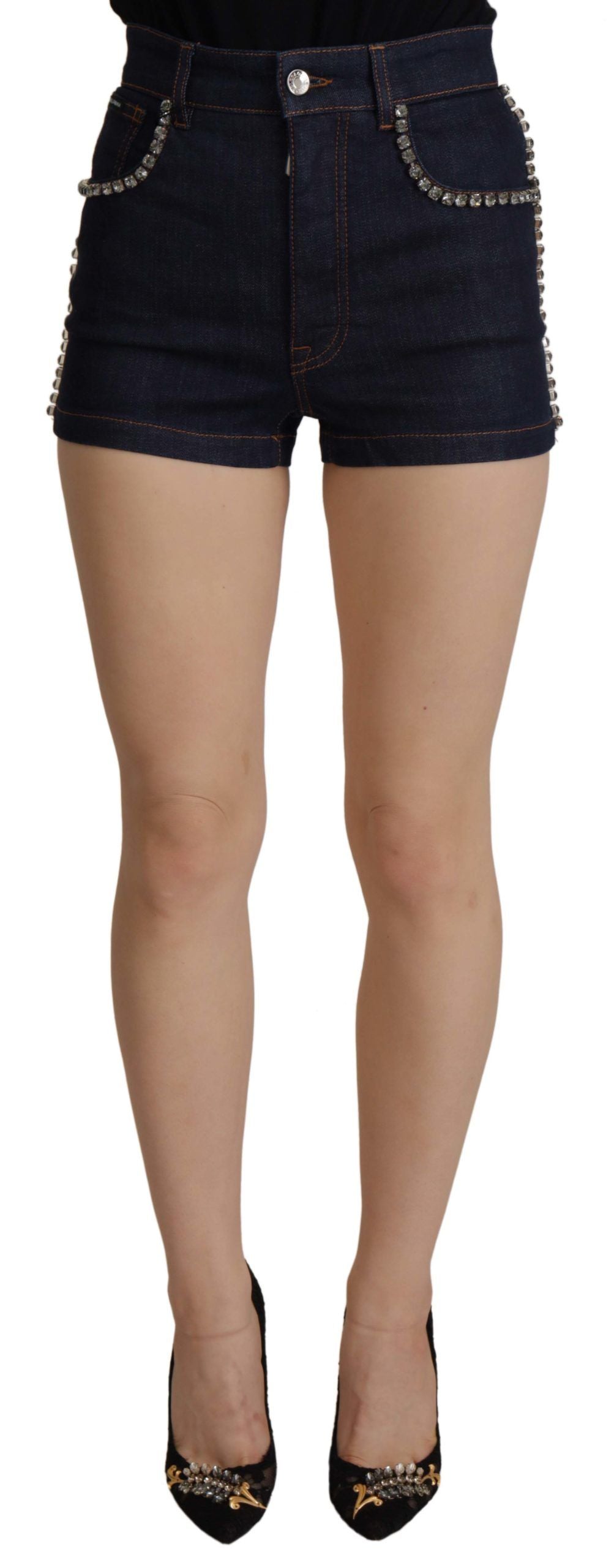 Dolce & Gabbana Blue Denim Stretch Crystal Hot Pants Women's Shorts