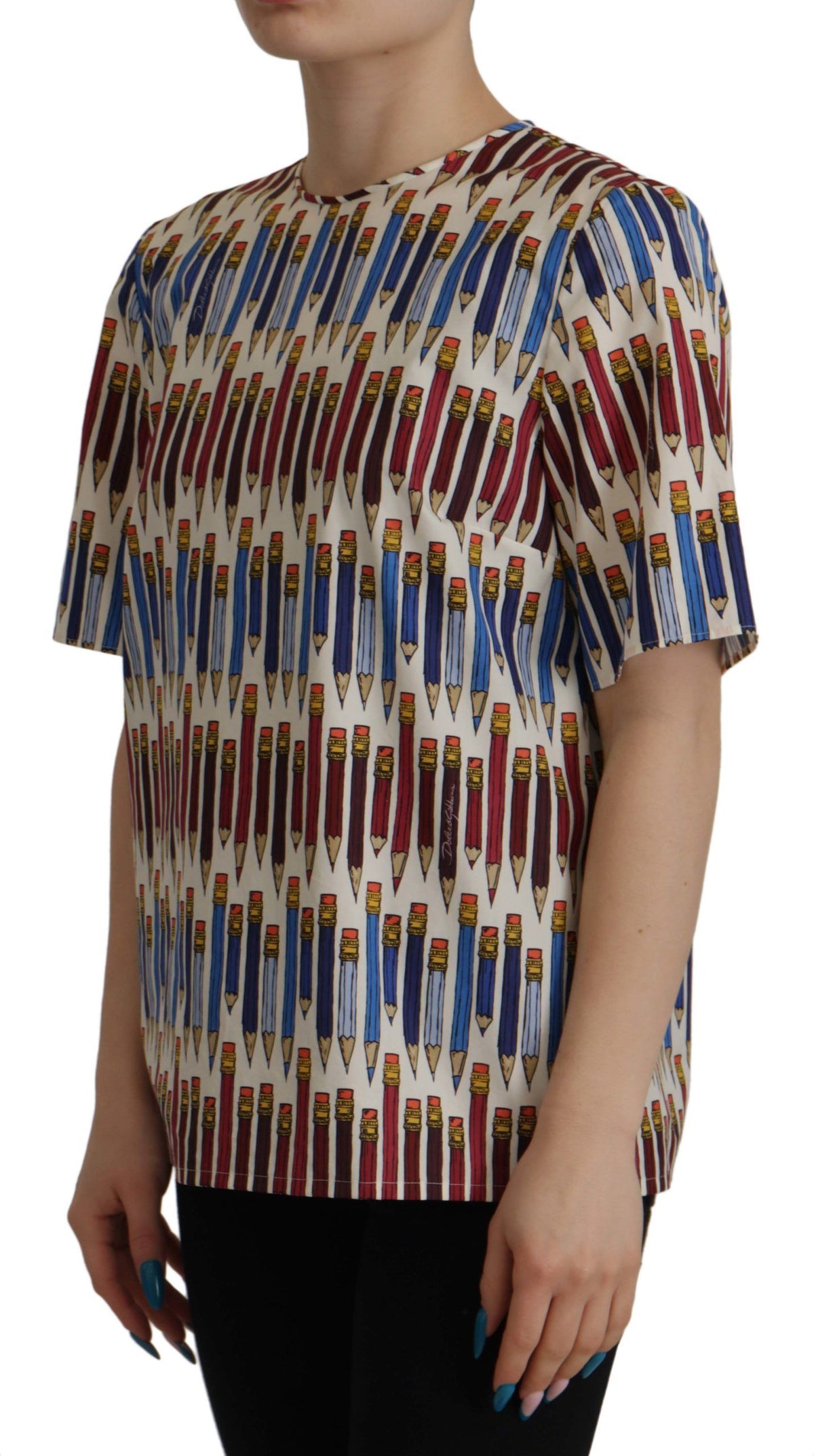 Dolce & Gabbana White Pencil Print Cotton T-shirt Women's Blouse