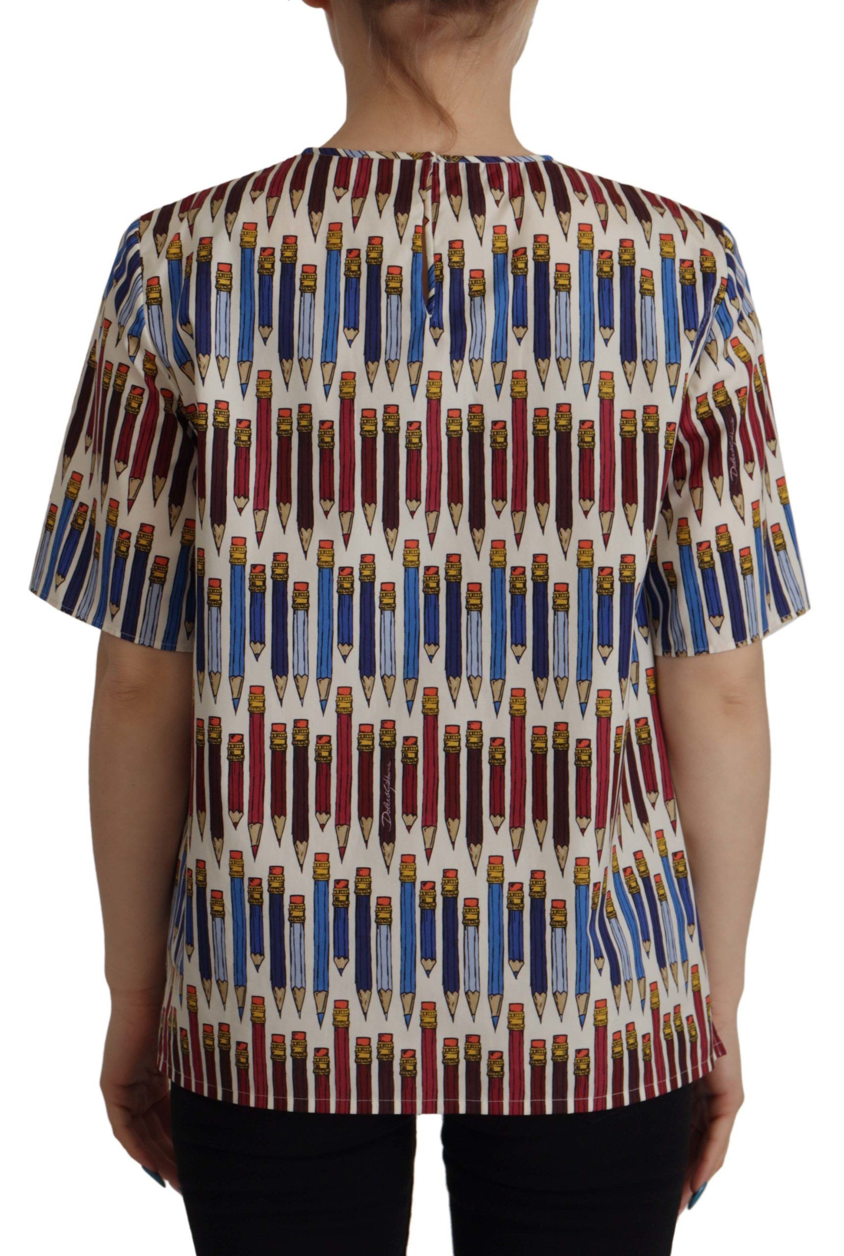 Dolce & Gabbana White Pencil Print Cotton T-shirt Women's Blouse