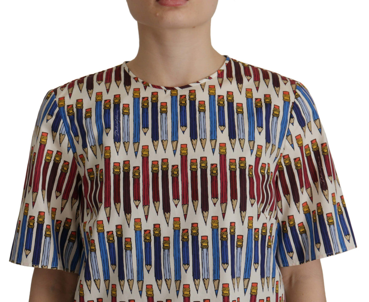Dolce & Gabbana White Pencil Print Cotton T-shirt Women's Blouse