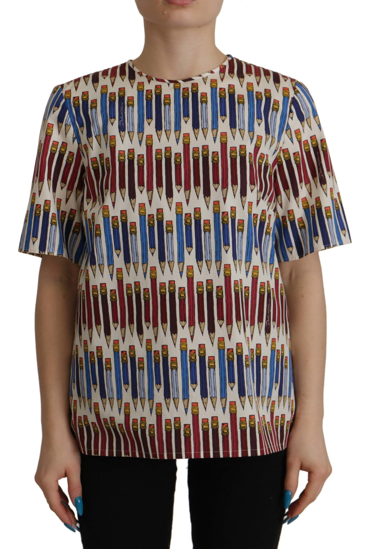 Dolce & Gabbana White Pencil Print Cotton T-shirt Women's Blouse