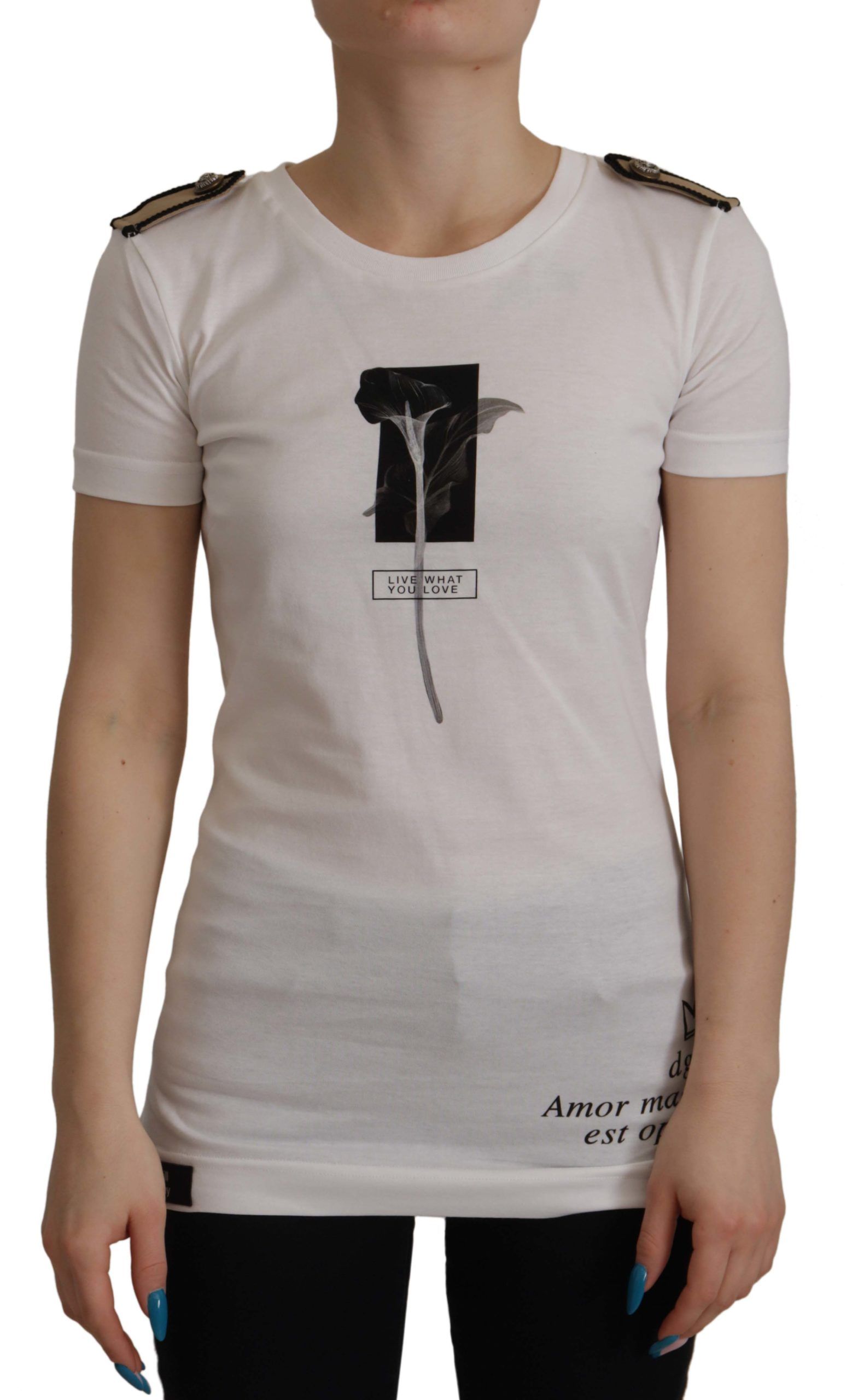 Dolce & Gabbana White Black Roses Crewneck Cotton Women's T-shirt