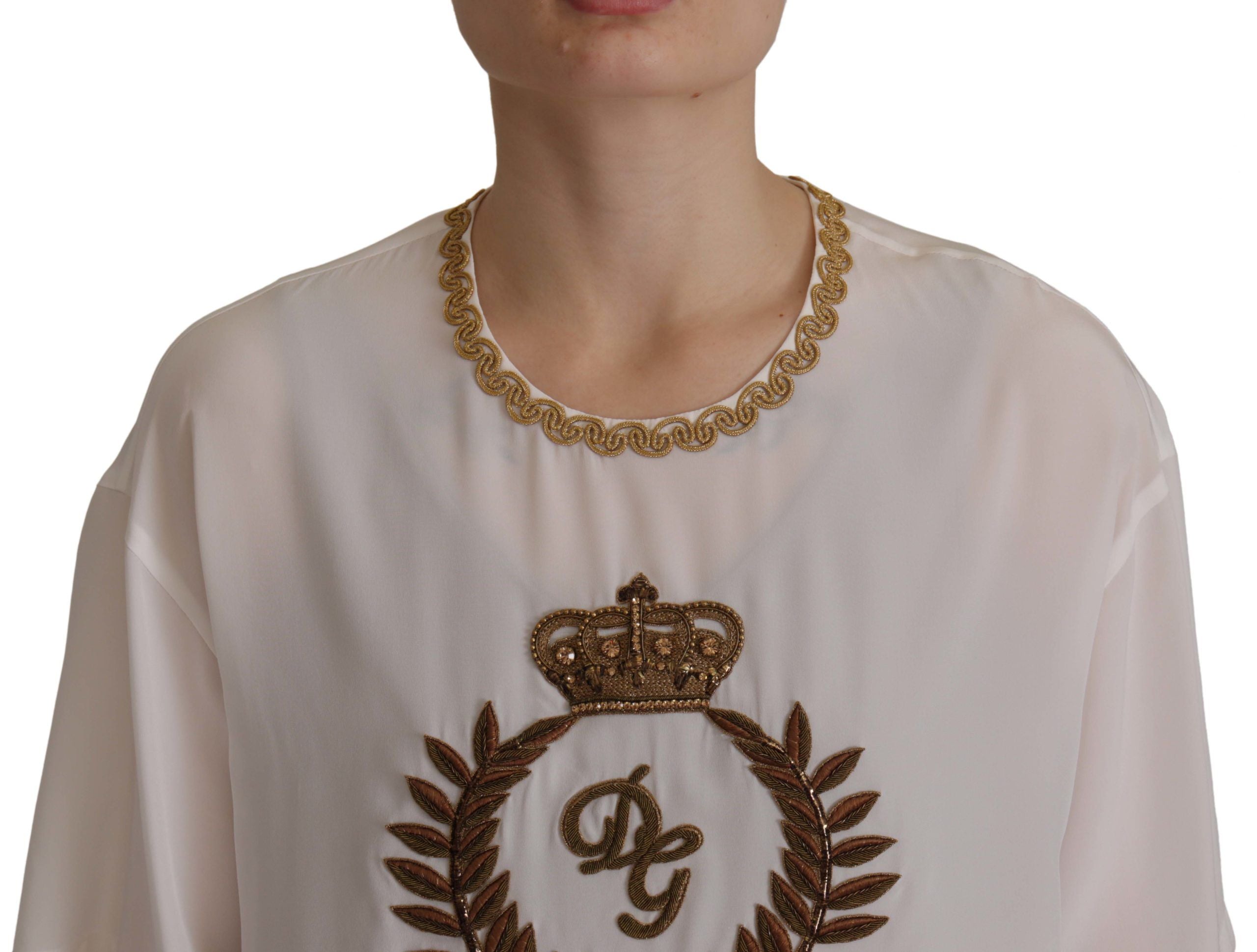 Dolce & Gabbana White Silk Gold DG Crown Crystal Blouse Women's Top