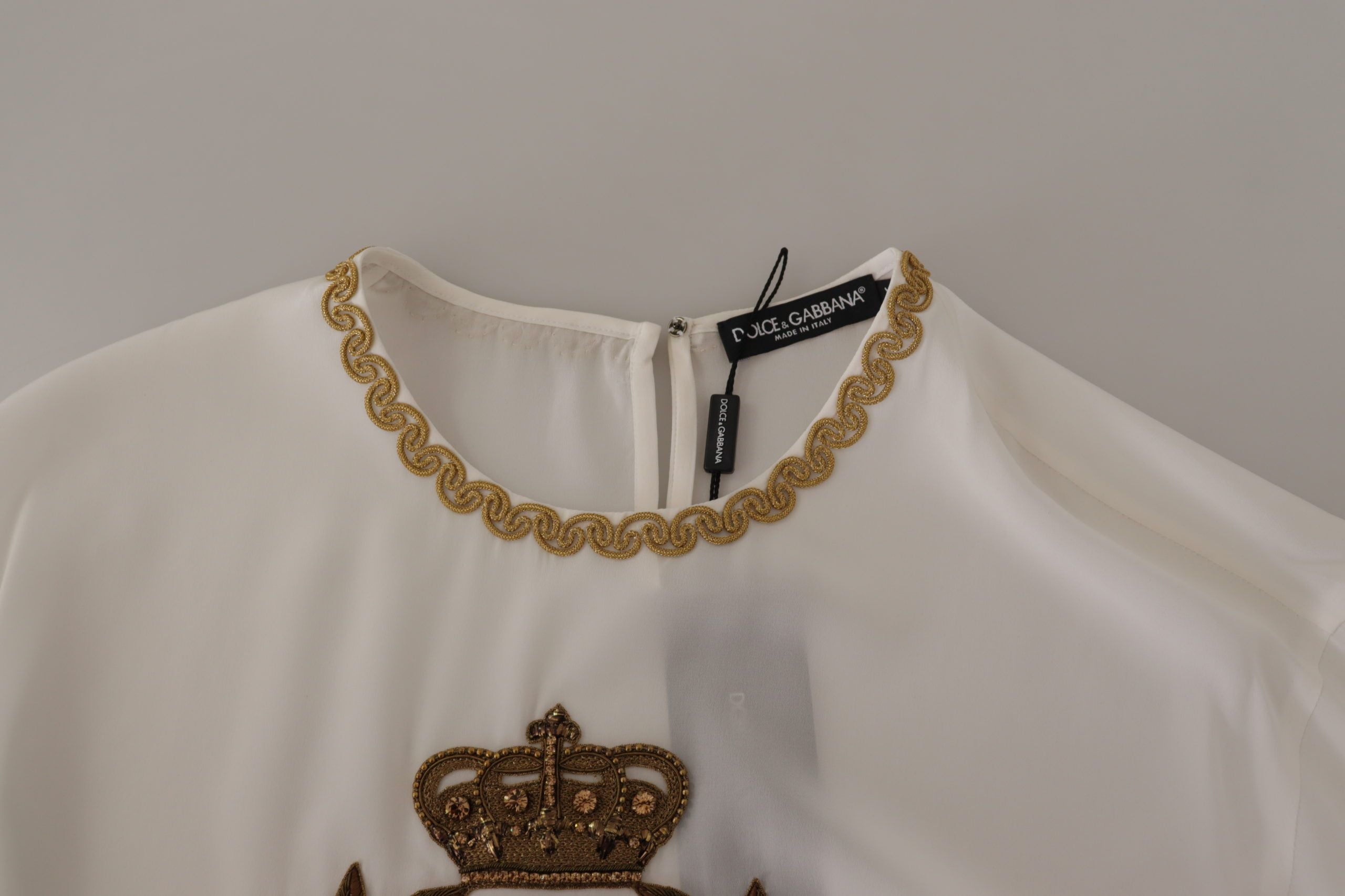 Dolce & Gabbana White Silk Gold DG Crown Crystal Blouse Women's Top