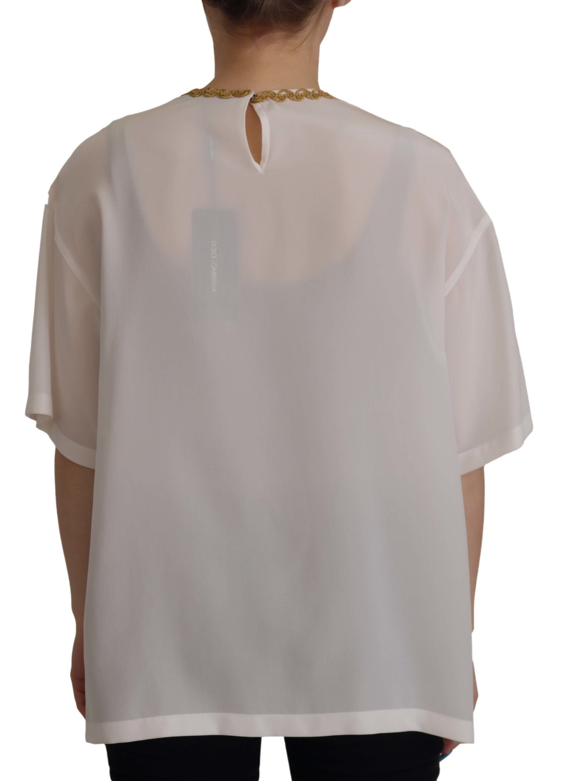 Dolce & Gabbana White Silk Gold DG Crown Crystal Blouse Women's Top