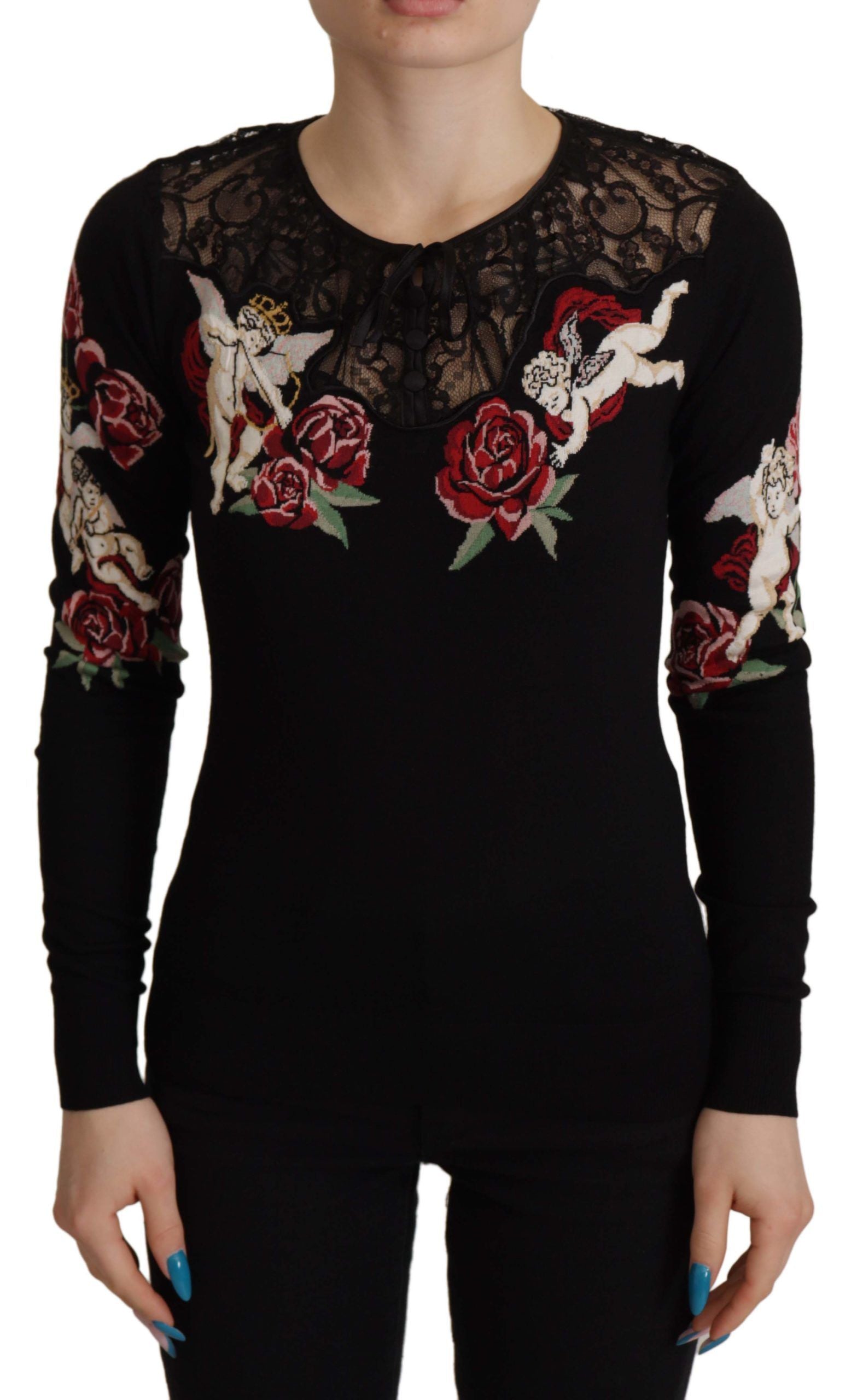 Dolce & Gabbana Black Lace Angel Roses Cardigan Women's Sweater (Pre-Owned)