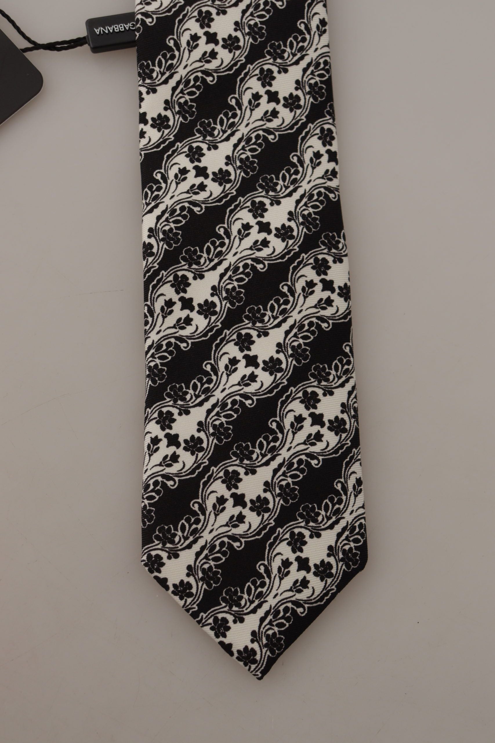 Dolce & Gabbana Black White Flower 100% Silk Print Adjustable Accessory Men's Tie