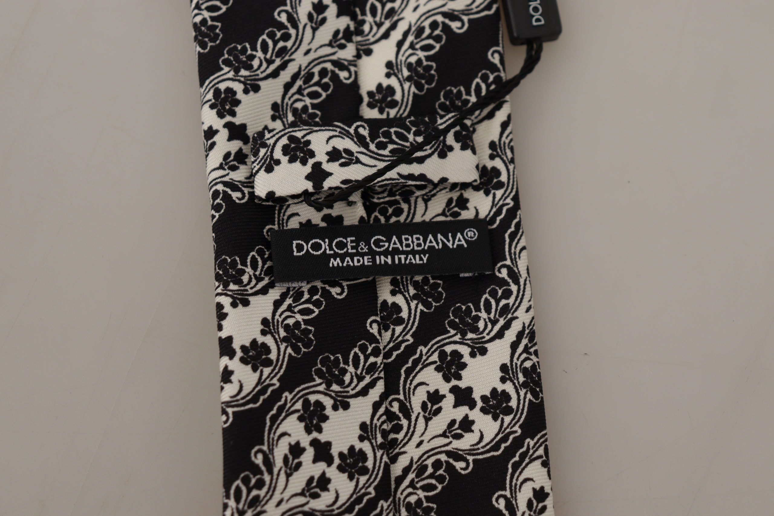 Dolce & Gabbana Black White Flower 100% Silk Print Adjustable Accessory Men's Tie