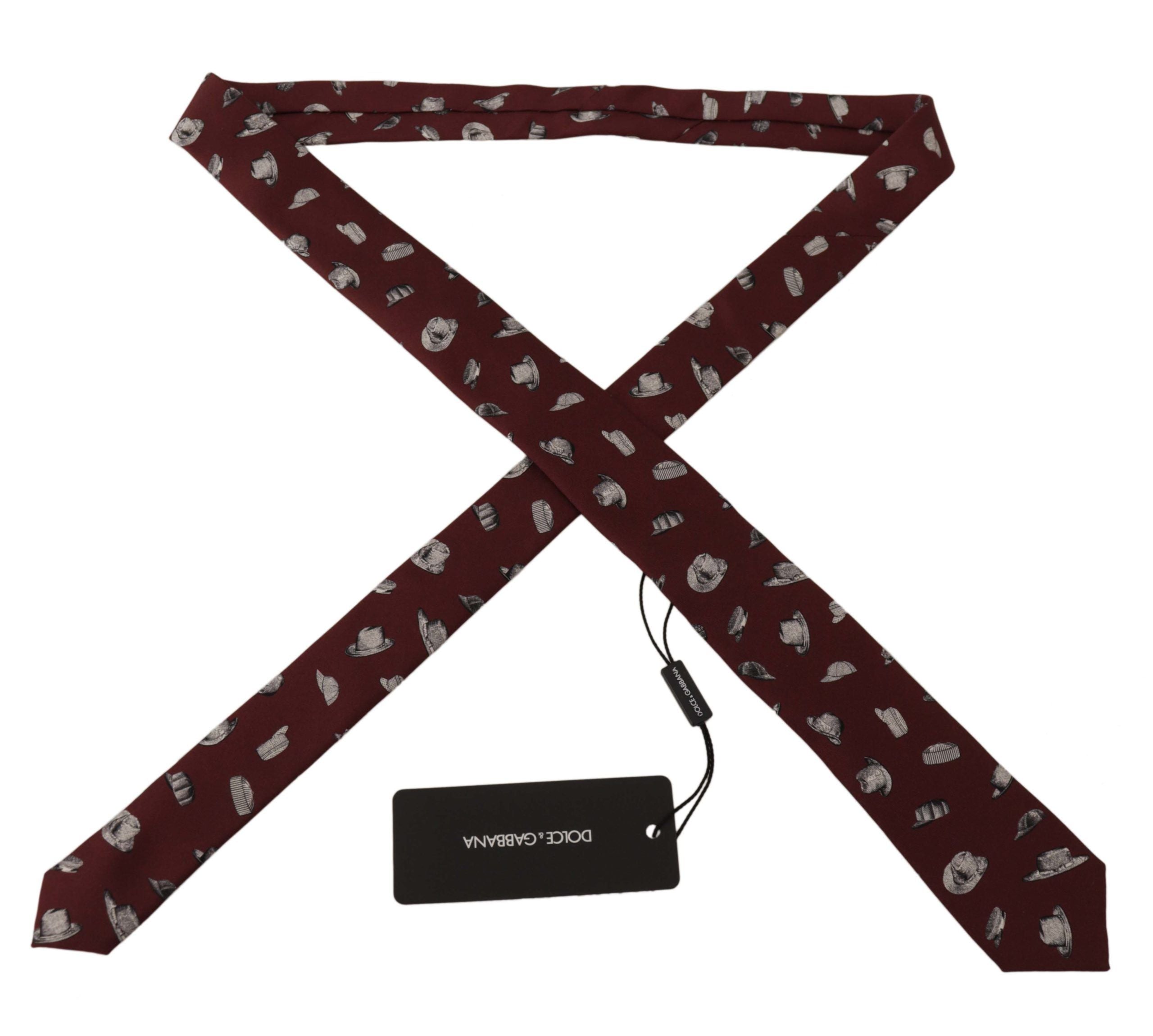 Dolce & Gabbana Maroon Hat Pattern 100% Silk Adjustable Accessory Men's Tie