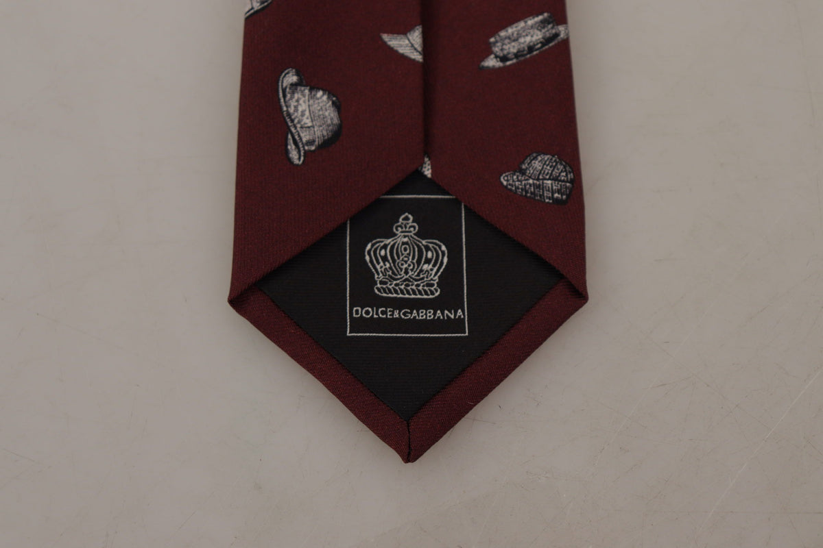 Dolce & Gabbana Maroon Hat Pattern 100% Silk Adjustable Accessory Men's Tie