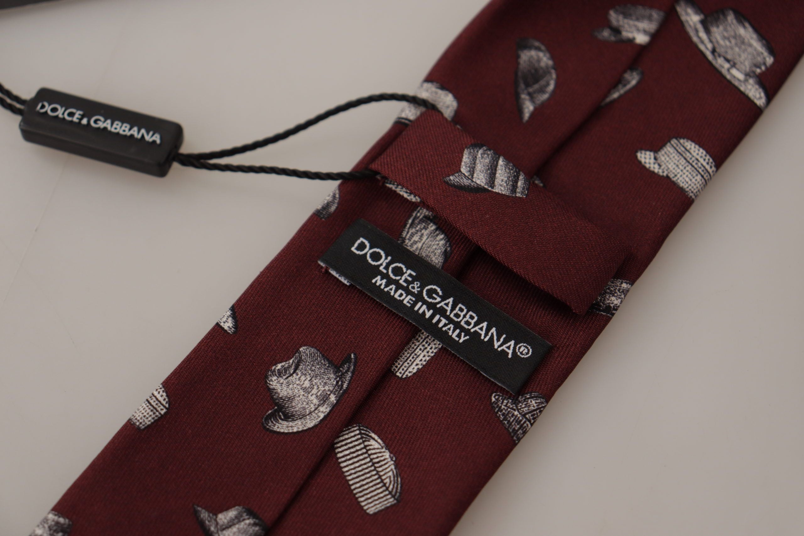 Dolce & Gabbana Maroon Hat Pattern 100% Silk Adjustable Accessory Men's Tie