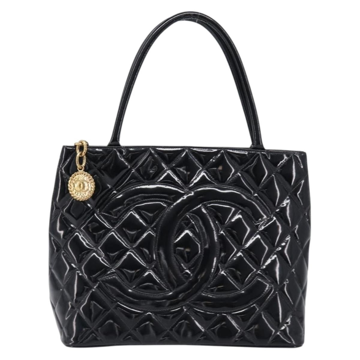 Chanel Medallion Quilted Patent Black Patent_Leather Tote Bag Bag (Pre-Owned)