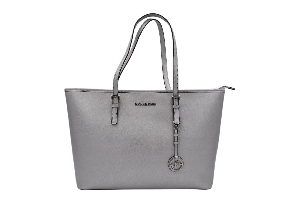 Michael Kors Jet Set Travel Silver Medium Top-Zip Tote Bag (Pre-Owned)