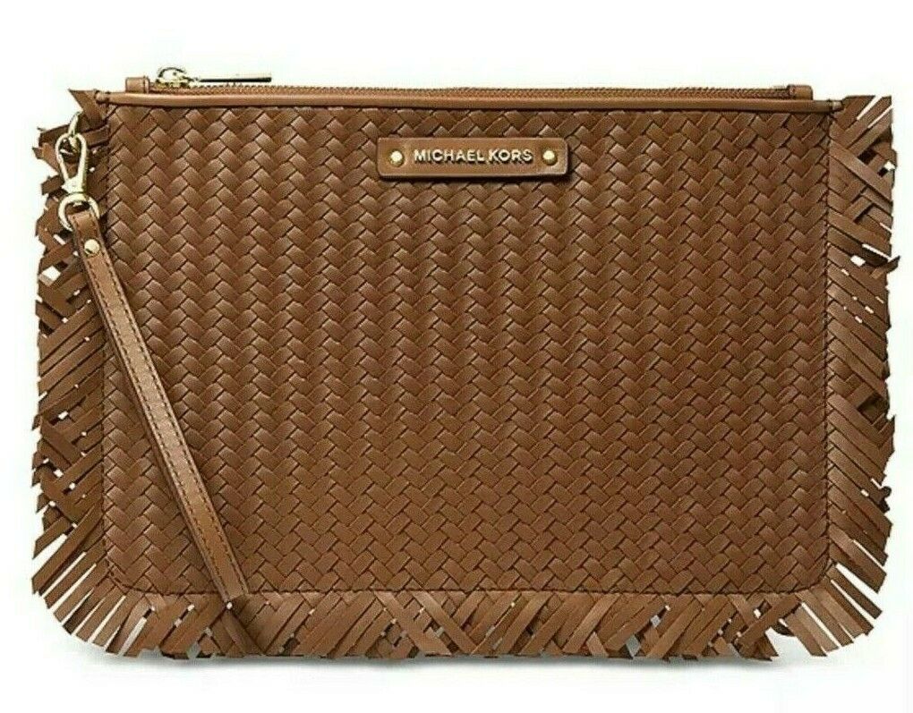 Michael Kors Jet Set Woven Leather Large Zip Pouch Clutch Wristlet&Gift Box