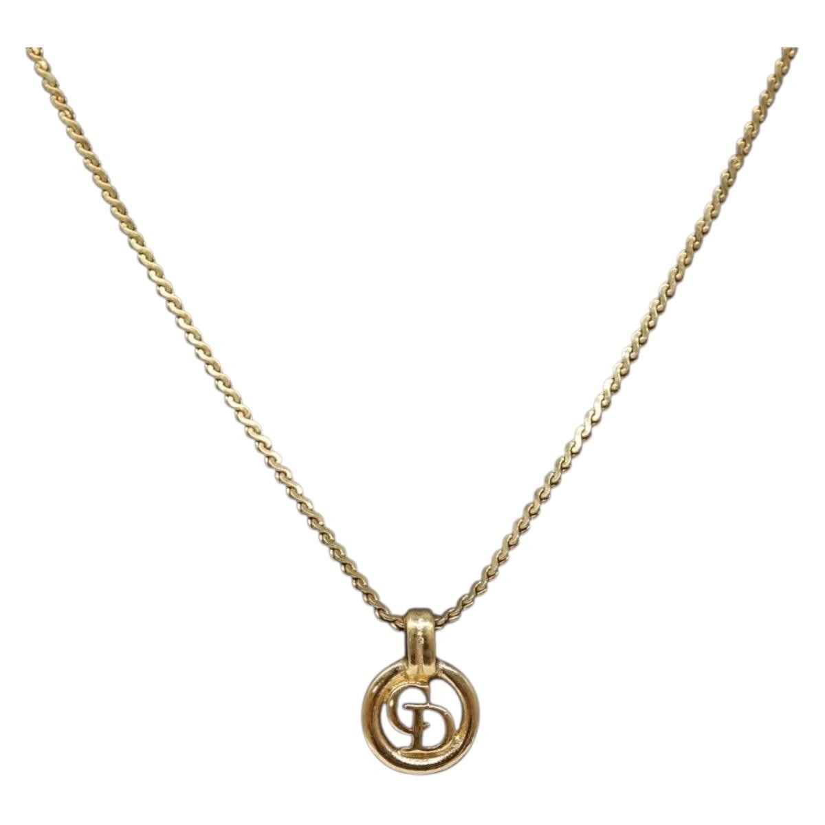 Christian Dior Round Logo Pendant Metal With Crystal Gold Metal Necklace Jewelry (Pre-Owned)