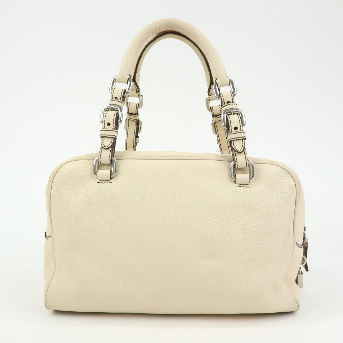 Prada Embossed Logo Bauletto Vitello Daino Beige Leather Handbag (Pre-Owned)