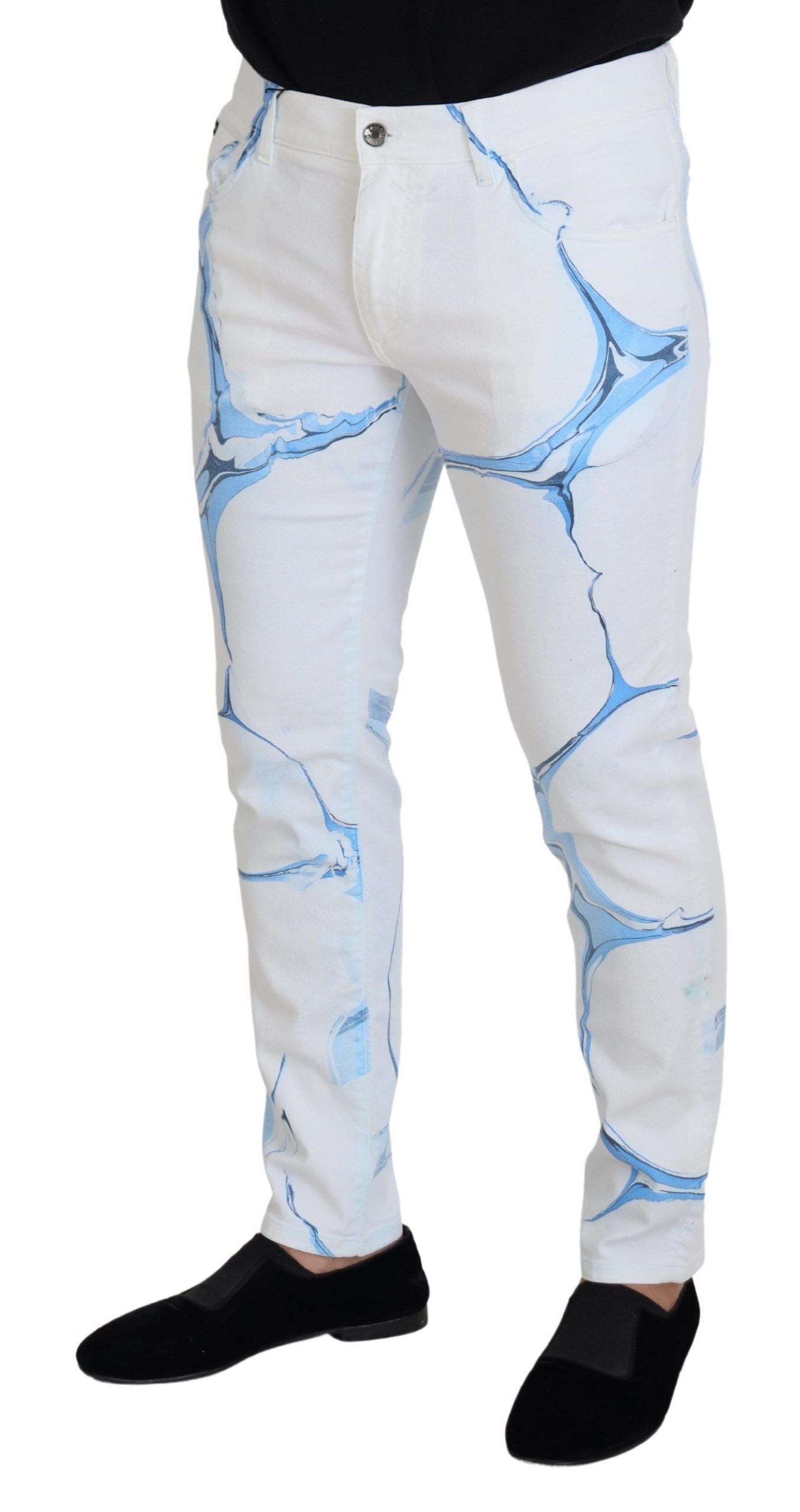 Dolce & Gabbana White Blue Denim Cotton Jeans Stretch Skinny Fit Men's Pant