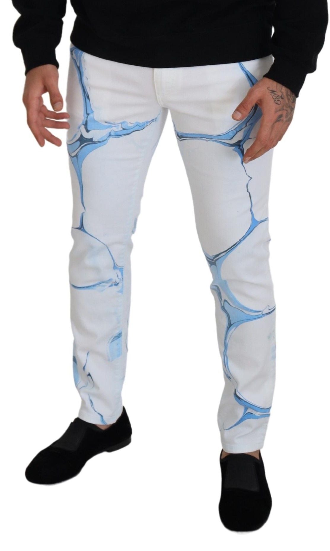 Dolce & Gabbana White Blue Denim Cotton Jeans Stretch Skinny Fit Men's Pant
