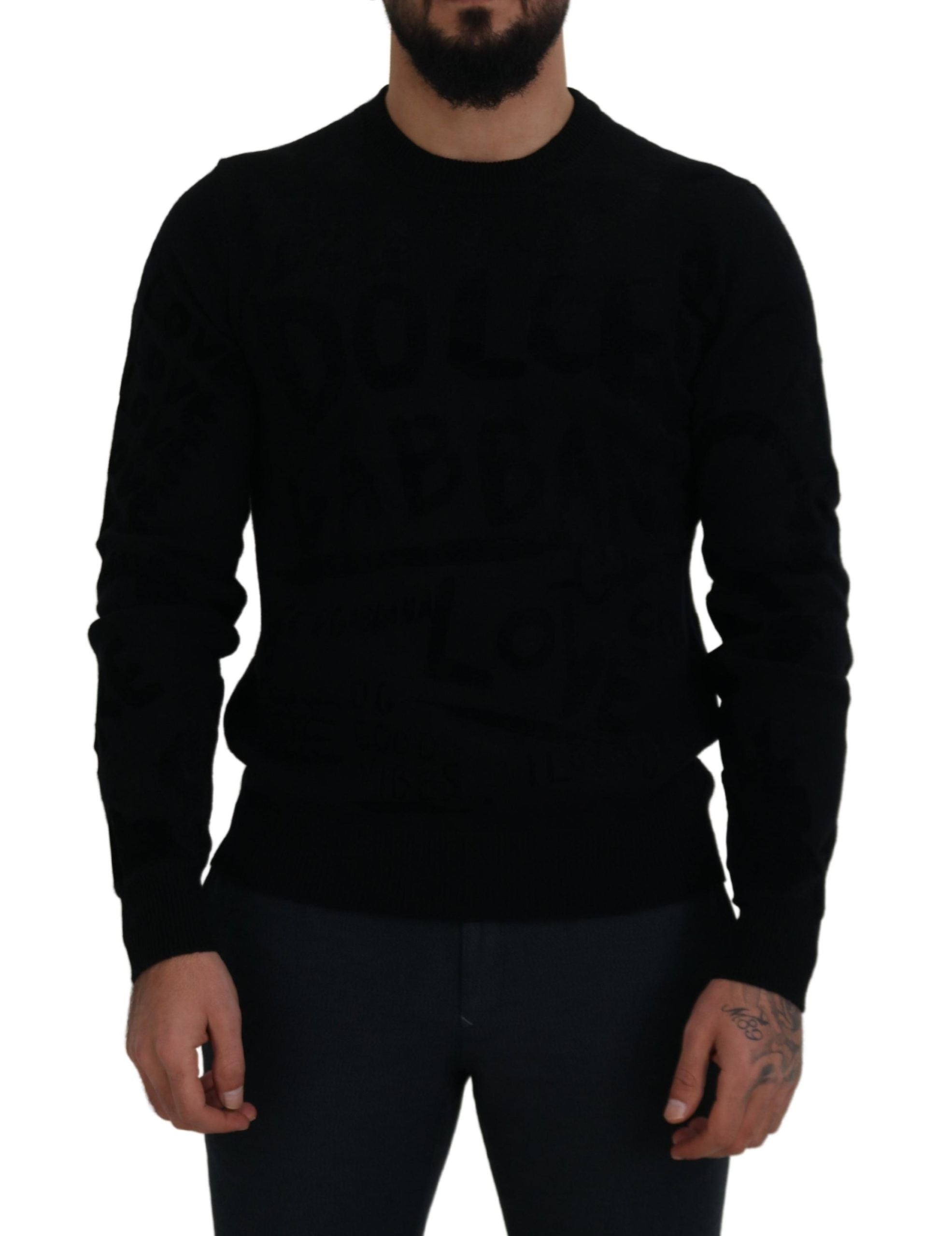 Dolce & Gabbana Black Wool Logo Pattern Crewneck Pullover Men's Sweater