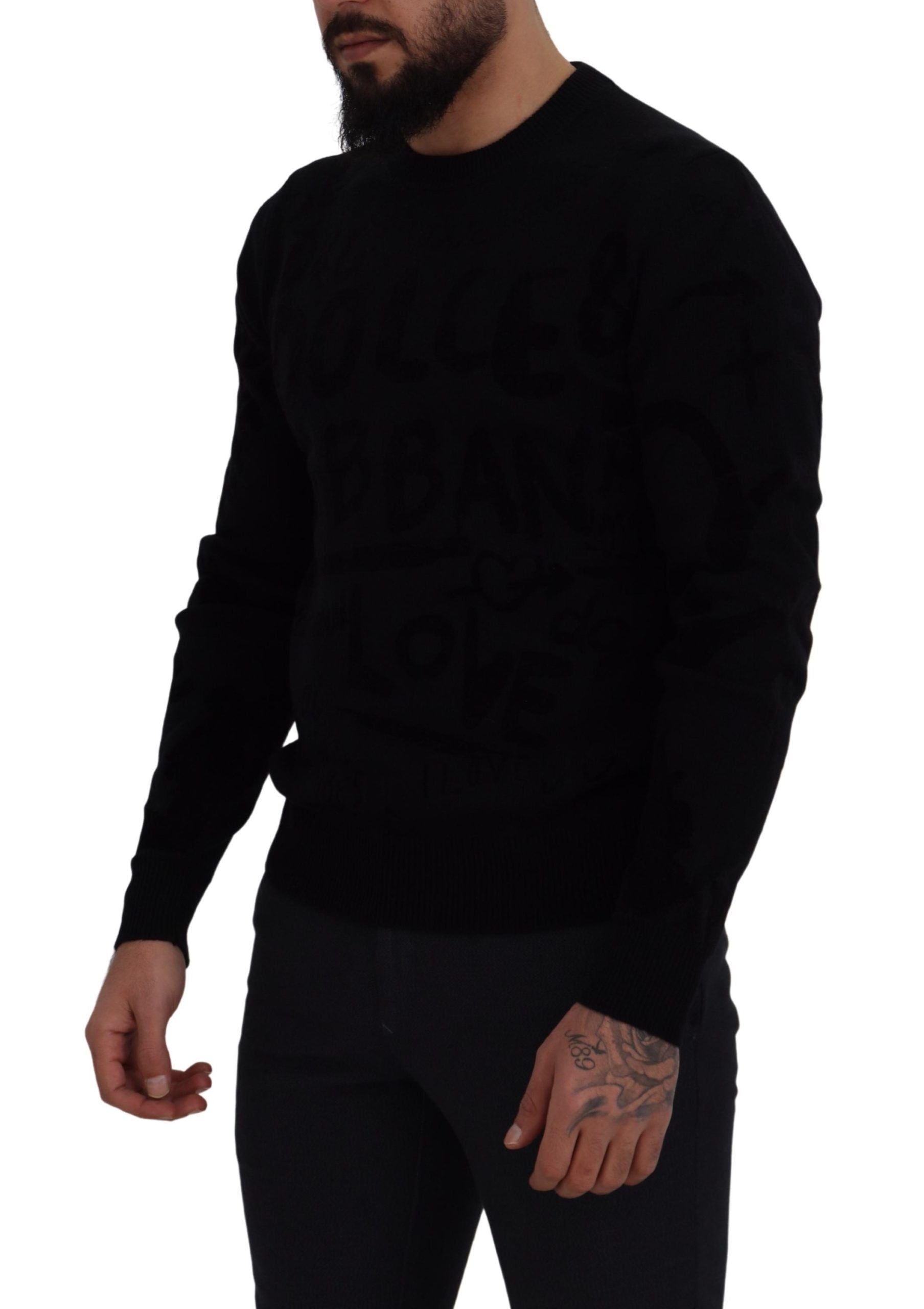 Dolce & Gabbana Black Wool Logo Pattern Crewneck Pullover Men's Sweater