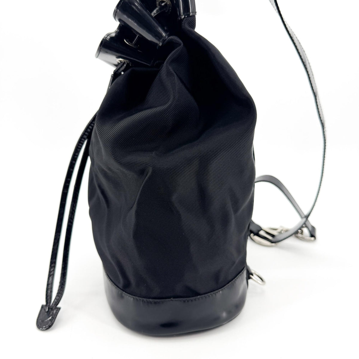 Gucci Vintage Bamboo Drawstring Suede And Leather Black Nylon Backpack Bag (Pre-Owned)