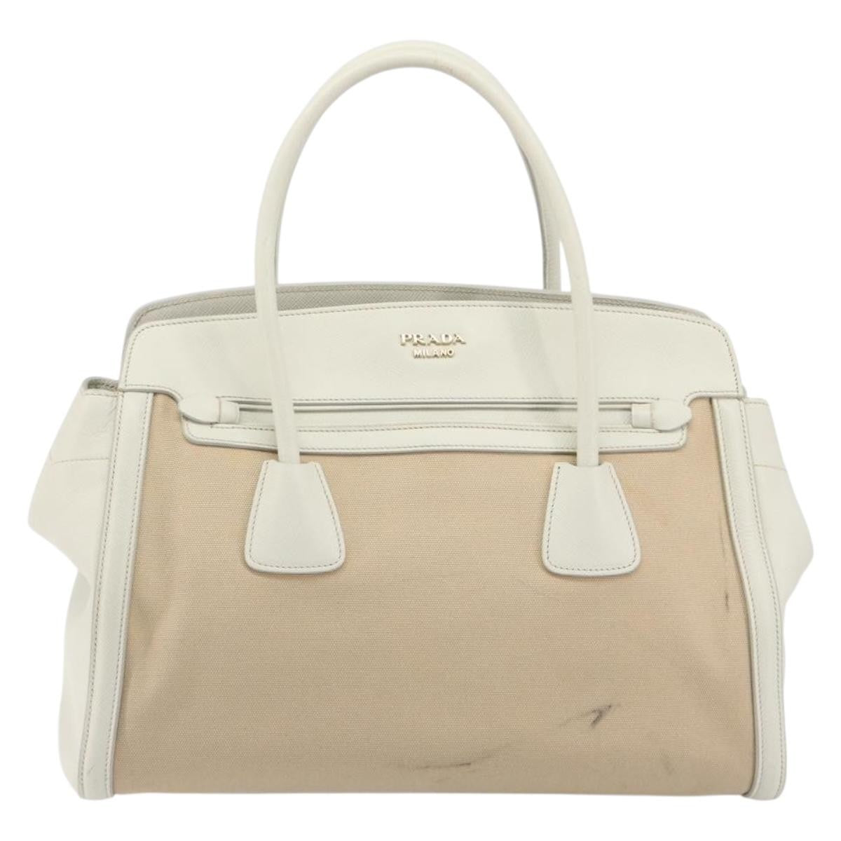 Prada Cuir Frame Convertible Canvas And Saffiano Leather Beige Canvas Tote Bag Bag (Pre-Owned)