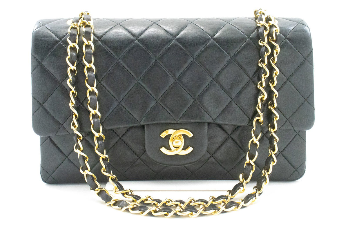 Chanel Classic Timeless Double Flap Quilted Lambskin Black Leather Handbag (Pre-Owned)