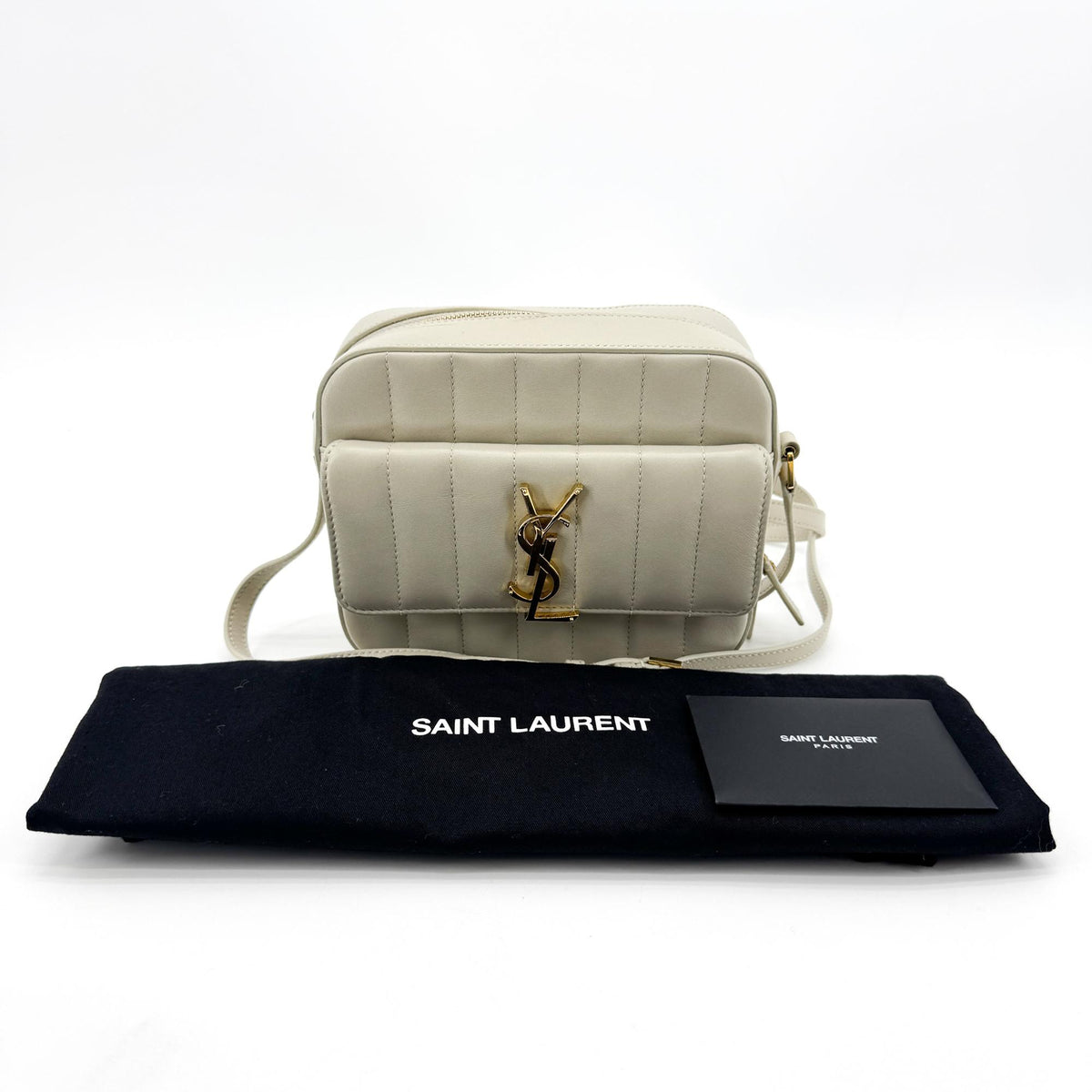 Saint Laurent Vicky Camera Vertical Quilted Leather Gray Leather Handbag (Pre-Owned)