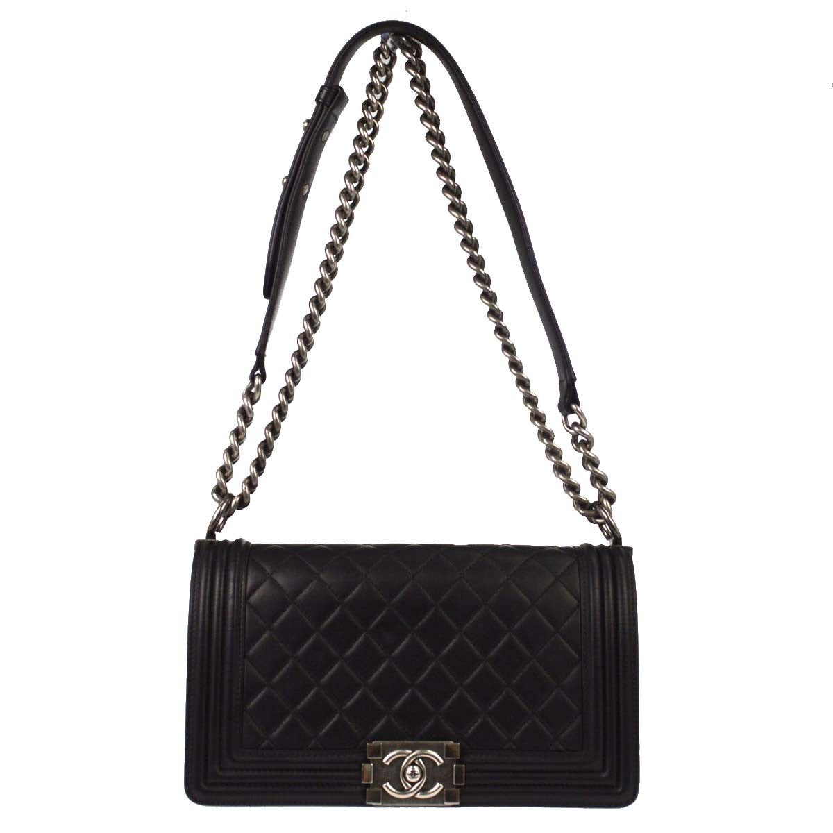 Chanel Boy Flap Quilted Lambskin Black Leather Handbag (Pre-Owned)