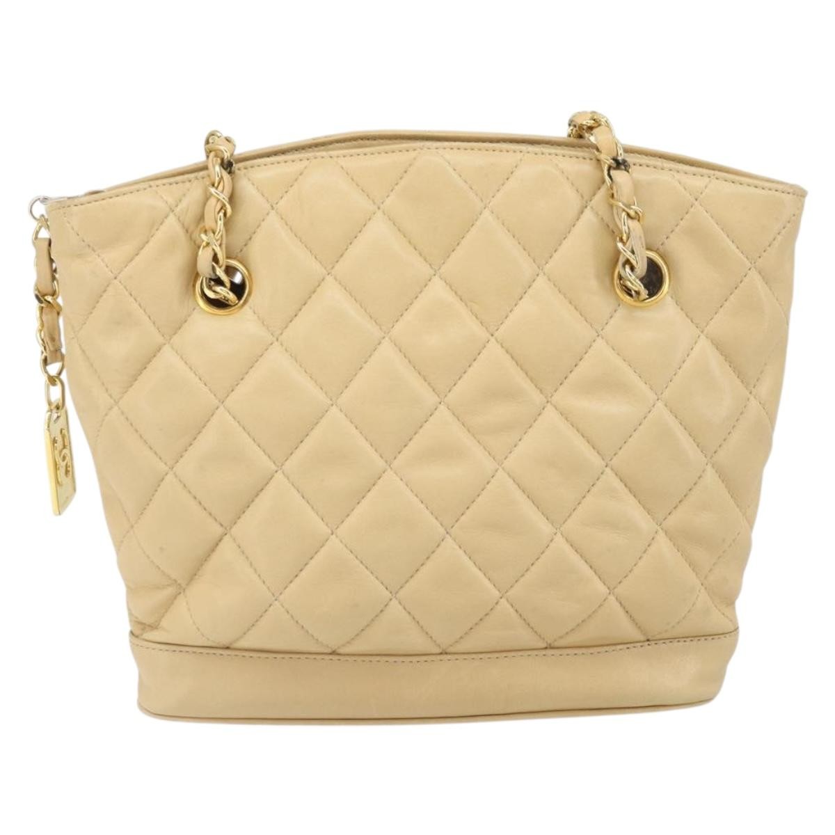 Chanel Vintage Cc Chain Shopper Quilted Leather Beige Leather Shoulder Bag Bag (Pre-Owned)