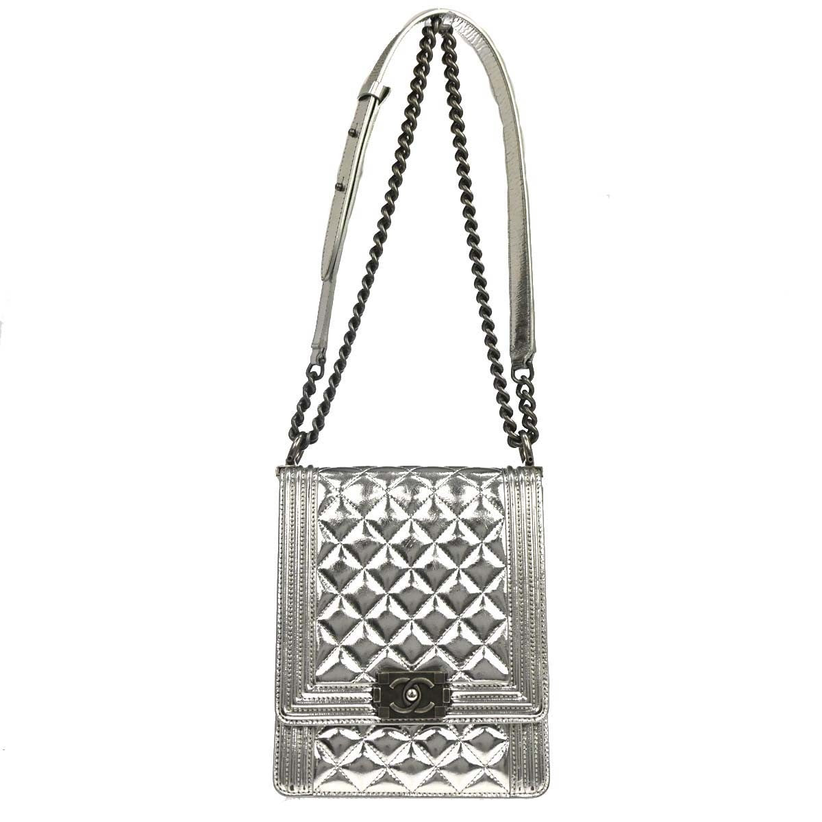 Chanel North South Boy Flap Quilted Metallic Calfskin Metallic Patent_Leather Shoulder Bag Bag (Pre-Owned)